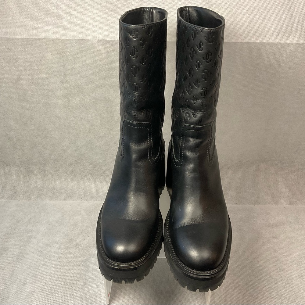 Jimmy Choo Monogram Embossed Leather Wedge Boots- Black- Barely Worn- Size 37.5 - Picture 3 of 14